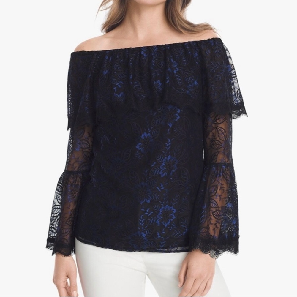 White House Black Market Navy and Black Off-the-Shoulder Lace Top Size 12 NEW